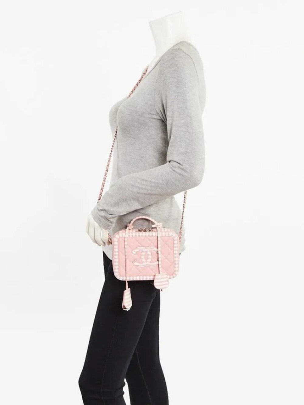 Chanel Pink/White Quilted Caviar Leather Filigree Small Vanity Case Bag